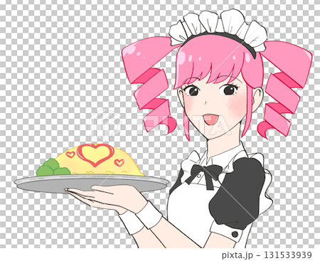 Illustration of a maid cafe girl serving omelet rice 131533939