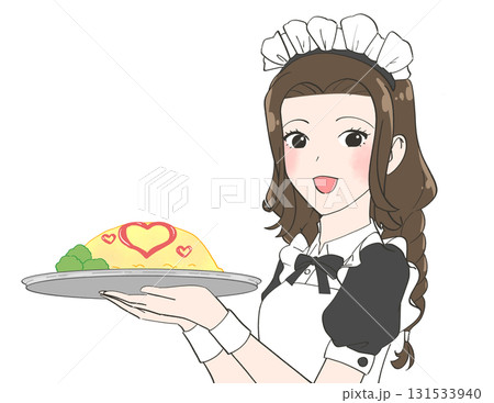 オムライスを提供するメイドカフェの女の子のイラスト 131533940