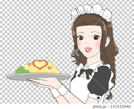 オムライスを提供するメイドカフェの女の子のイラスト 131533940