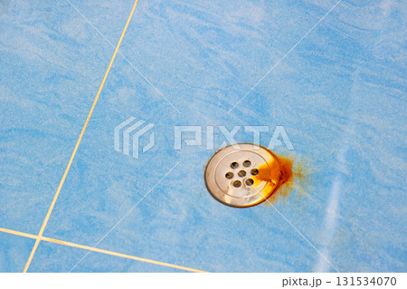 There is a rusty drain located on a blue tiled floor surface 131534070