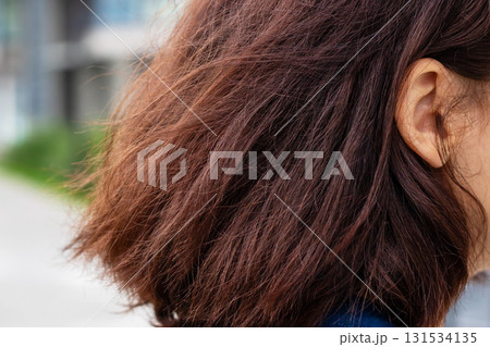 A detailed close up of a woman s hair and her ear can be seen here 131534135
