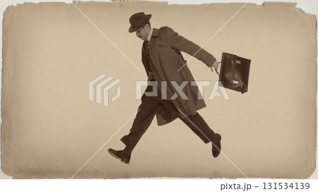 Man in trench coat jumps energetically with briefcase retro fashion Man in trench coat jumps energetically with briefcase retro fashion 131534139