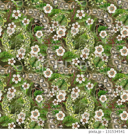White blooming flowers, green kiwi leaves on a seamless pattern on a green gradient background. Spring botanical template for home, children's, kitchen textiles, wrapping, wallpapers, food design White blooming flowers, green kiwi leaves on a seamless pattern on a green gradient background. Spring botanical template for home, children's, kitchen textiles, wrapping, wallpapers, food design 131534541