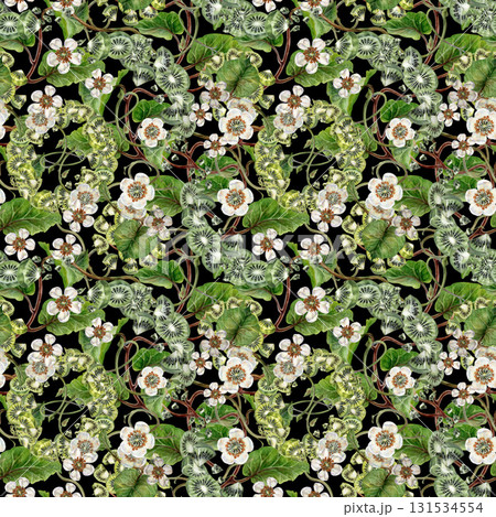 White blooming flowers, green kiwi leaves on a seamless pattern on a black background. Spring botanical template for home, children's, kitchen textiles, wrapping, wallpapers, for drinks, food design White blooming flowers, green kiwi leaves on a seamless pattern on a black background. Spring botanical template for home, children's, kitchen textiles, wrapping, wallpapers, for drinks, food design 131534554
