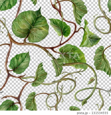 Green kiwi leaves and branches on a seamless pattern on a white background. A spring botanical template for home, children's, and kitchen textiles, wrapping paper, packaging, wallpaper, scrapbooking 131534555