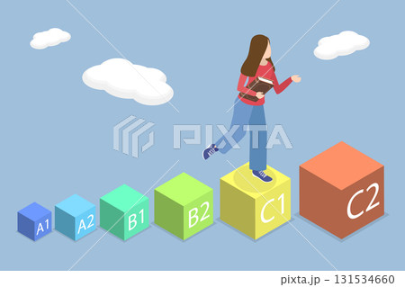 3D Isometric Flat Vector Illustration of Enhancing Language Level, Woman Advances In English Studies, Climbing Steps To Represent Her Progress In Knowledge. 131534660