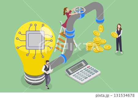 3D Isometric Flat Vector Illustration of Innovation Pipeline, Ways To Generate Revenue, Business Ideas For Profitable Monetization Opportunities 131534678