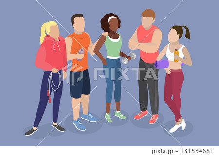 3D Isometric Flat Vector Illustration of Friends Workout Together, Excited People In Athletic Attire Pose In Gym With Fitness Gear 131534681
