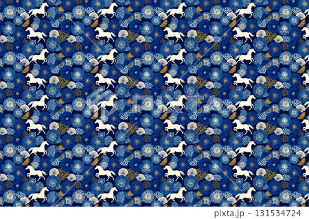 午年2026・馬シルエットと松竹梅の和風シームレスパターン（年賀状背景素材） 131534724