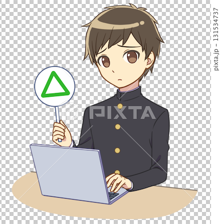 Boy in school uniform operating a computer Triangle bill 131534737