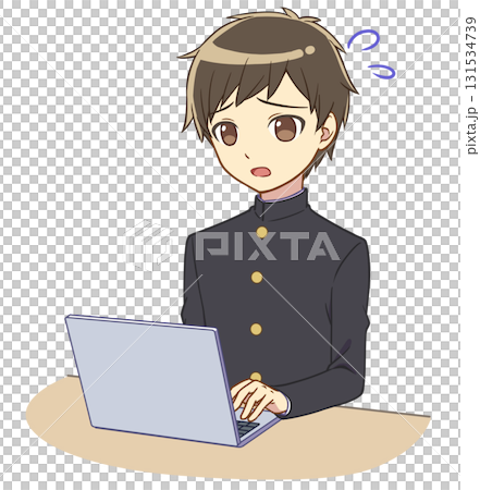 A boy in a school uniform operating a computer is panicking A boy in a school uniform operating a computer is panicking 131534739