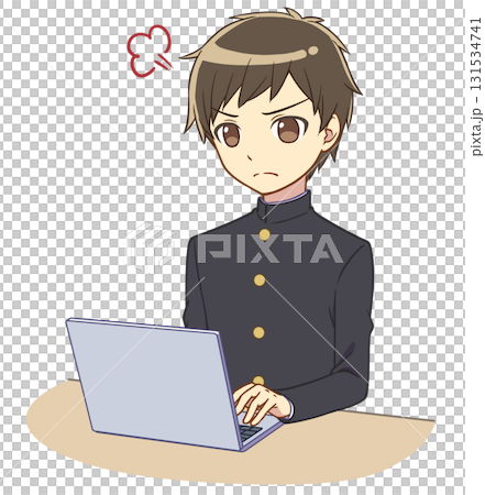 A boy in a school uniform operating a computer gets angry A boy in a school uniform operating a computer gets angry 131534741