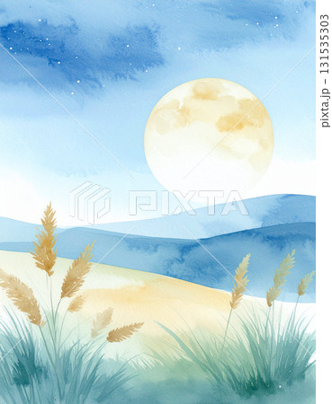 秋の夜に輝く満月と草原の風景のイラスト 秋の夜に輝く満月と草原の風景のイラスト 131535303