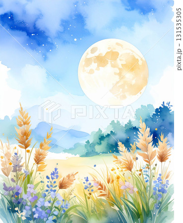 秋の夜に輝く満月と草原の風景のイラスト 131535305