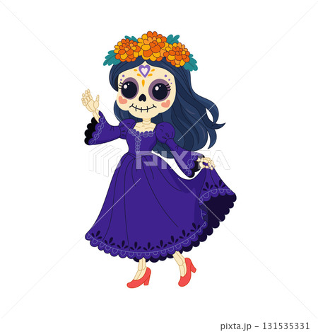 Cute female catrina skeleton with marigolds and purple dress Cute female catrina skeleton with marigolds and purple dress 131535331