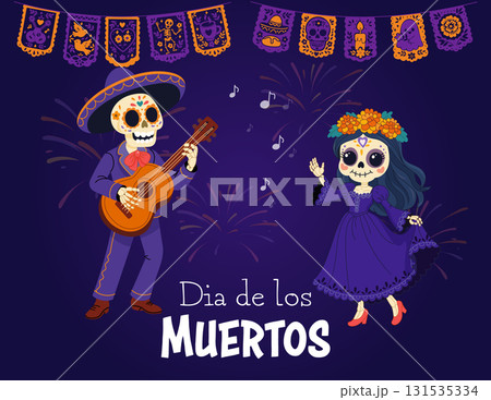 Festive Dia de los Muertos couple poster with papel picado and music Festive Dia de los Muertos couple poster with papel picado and music 131535334