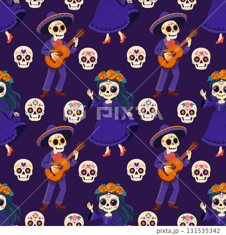 Seamless Dia de los Muertos pattern with skeleton couple and sugar skulls Seamless Dia de los Muertos pattern with skeleton couple and sugar skulls 131535342