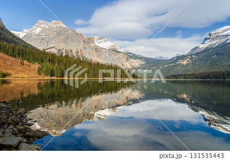 Scenic view of Emerald Lake in Yoho National Park with pine forest and snow-capped mountain with reflected in crystal clear water in Alberta, Canada 131535443