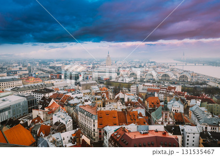 Riga, Latvia. Top View Cityscape In Misty Fog Rainy Day. Latvian Academy Of Sciences, Bus Station Riga International Coach Terminal And Riga Central Market 131535467