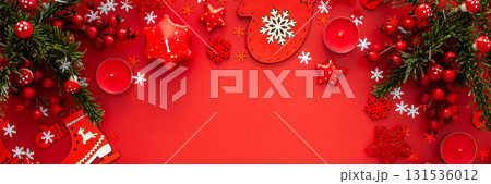 Red Christmas background with fir branches 131536012