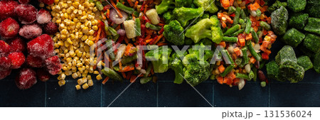 Colorful and fresh banner design featuring frozen fruits and vegetables, highlighting the preservation of organic produce for winter and promoting a healthy lifestyle Colorful and fresh banner design featuring frozen fruits and vegetables, highlighting the preservation of organic produce for winter and promoting a healthy lifestyle 131536024