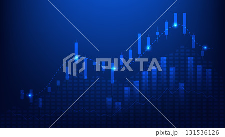 business finance and economy. candlesticks chart with bar graph and indicator on blue background business finance and economy. candlesticks chart with bar graph and indicator on blue background 131536126