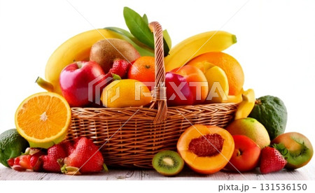 fruits in basket isolated on white background 131536150