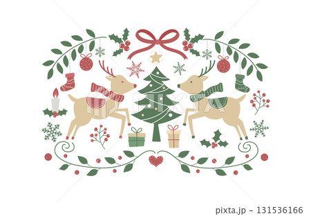 かわいいフラットデザインのクリスマス素材（トナカイとツリー） 131536166