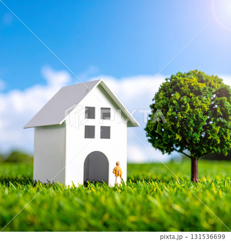木のそばの白い家模型 131536699