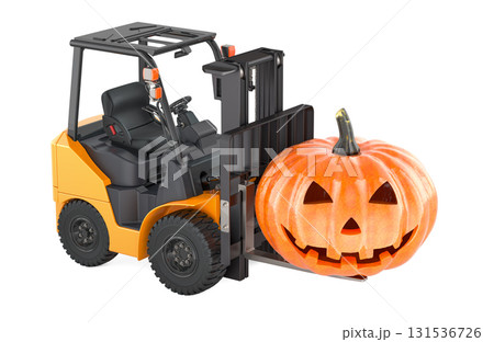 Forklift truck with carved Halloween pumpkin, 3D rendering 131536726