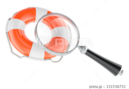 Lifebuoy with magnifying glass. Concept of safety search or rescue analysis. 3D rendering Lifebuoy with magnifying glass. Concept of safety search or rescue analysis. 3D rendering 131536731