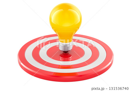 Yellow light bulb in the center of target. Bullseye solution, concept. 3D rendering 131536740