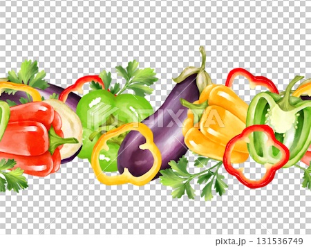 Seamless horizontal border featuring eggplants, colorful bell peppers, and parsley. 131536749