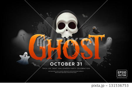 Happy Halloween ghost orange text, Scary skull ghost, poster banner design on black background Happy Halloween ghost orange text, Scary skull ghost, poster banner design on black background 131536753