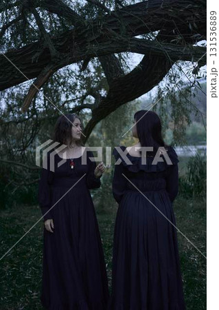 two women in the black long dresses on Halloween, brides of Dracula, vampires, bite, kiss, 131536889