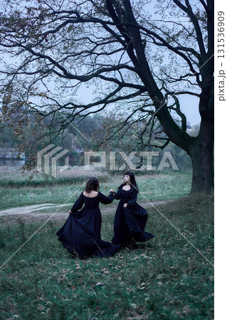 Two women in the long black dresses perform a historical reenactment of the Edwardian era dancing lovers on a hill near a majestic oak tree for Halloween. 131536909