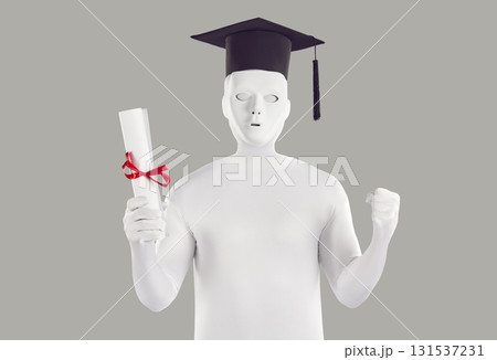 University student in white bodysuit, mask and academic cap celebrating graduation University student in white bodysuit, mask and academic cap celebrating graduation 131537231