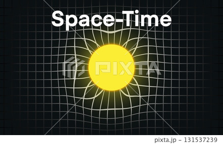 Scientific illustration of spacetime curvature showing a bright yellow sphere bending the surrounding grid, representing gravity, physics, and Einstein theory of relativity 131537239