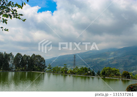 A calm green lake reflects a line of trees with distant terraced hills and an electric pylon under a cloudy sky. 131537261