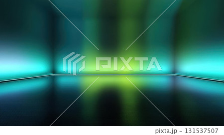 Futuristic blue-green gradient space with neon reflections, symbolizing the fast pace of digital progress. 131537507