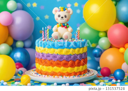 Birthday cake with teddy bear and candles on a colorful background 131537528