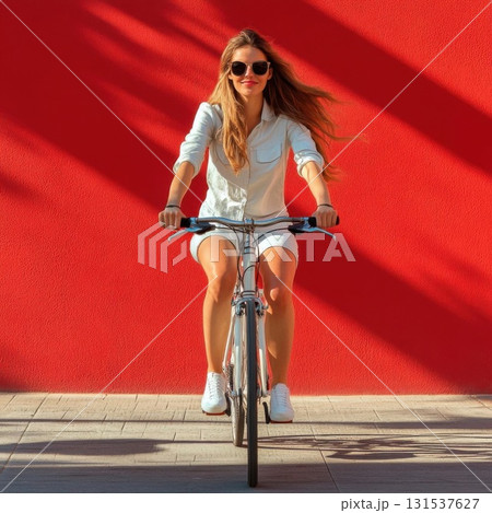 Beautiful young woman riding a bicycle in the city on a red background. 131537627