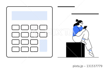 Woman in blue shirt and glasses typing on tablet, sitting on a black cube, near an oversized calculator. Ideal for finance, accounting, education, technology, work planning and study. Line metaphor Woman in blue shirt and glasses typing on tablet, sitting on a black cube, near an oversized calculator. Ideal for finance, accounting, education, technology, work planning and study. Line metaphor 131537779
