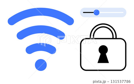 wireless signal icon, slider element, and padlock symbolizing secure wireless network connection. Ideal for technology, internet security, data protection, wireless communication, network management 131537786