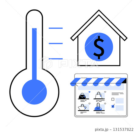 Thermometer representing growth, dollar sign inside a house symbolizing savings and property value, and a storefront e-commerce website. Ideal for finance, real estate, investment, business growth Thermometer representing growth, dollar sign inside a house symbolizing savings and property value, and a storefront e-commerce website. Ideal for finance, real estate, investment, business growth 131537822