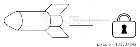 Rocket moving quickly towards a padlock with fast motion lines. Ideal for cybersecurity, data protection, speed, technology, innovation, defense, secure communication themes. Line metaphor Rocket moving quickly towards a padlock with fast motion lines. Ideal for cybersecurity, data protection, speed, technology, innovation, defense, secure communication themes. Line metaphor 131537842