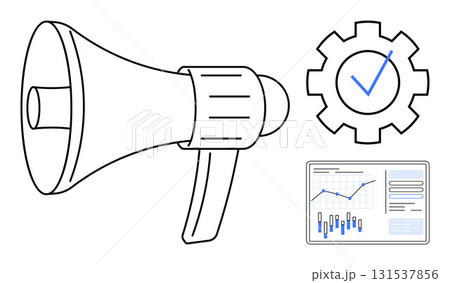 Megaphone, gearwheel with checkmark, and data chart with graphs and bar charts. Ideal for marketing, business strategy, project management, data analysis, communications, success metrics 131537856