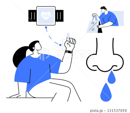Man with smartwatch and finger device, engaged in shopping activities, large nose symbol with drops. Ideal for health apps, allergy awareness, shopping apps, fitness tracking, lifestyle apps, medical Man with smartwatch and finger device, engaged in shopping activities, large nose symbol with drops. Ideal for health apps, allergy awareness, shopping apps, fitness tracking, lifestyle apps, medical 131537859