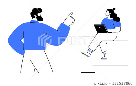 Man presenting with raised finger and woman sitting with laptop. Ideal for presentations, teamwork, business meetings, brainstorming sessions, workflow, remote working, education. Line metaphor 131537860