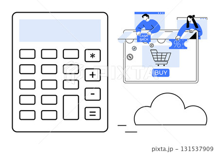 Large calculator, e-commerce shopping cart with Buy button, two people engaging with cashback offer and discount percentage. Ideal for finance, e-commerce, online shopping, budget planning, digital Large calculator, e-commerce shopping cart with Buy button, two people engaging with cashback offer and discount percentage. Ideal for finance, e-commerce, online shopping, budget planning, digital 131537909